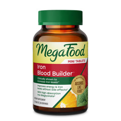 MegaFood envase frontal de Blood Builder mostrando la marca y beneficio de energía