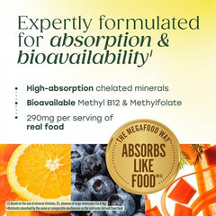 MegaFood botella junto a frutas y verduras que complementan la fórmula