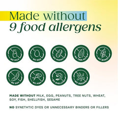 MegaFood iconos de certificados y lista de alérgenos ausentes para seguridad