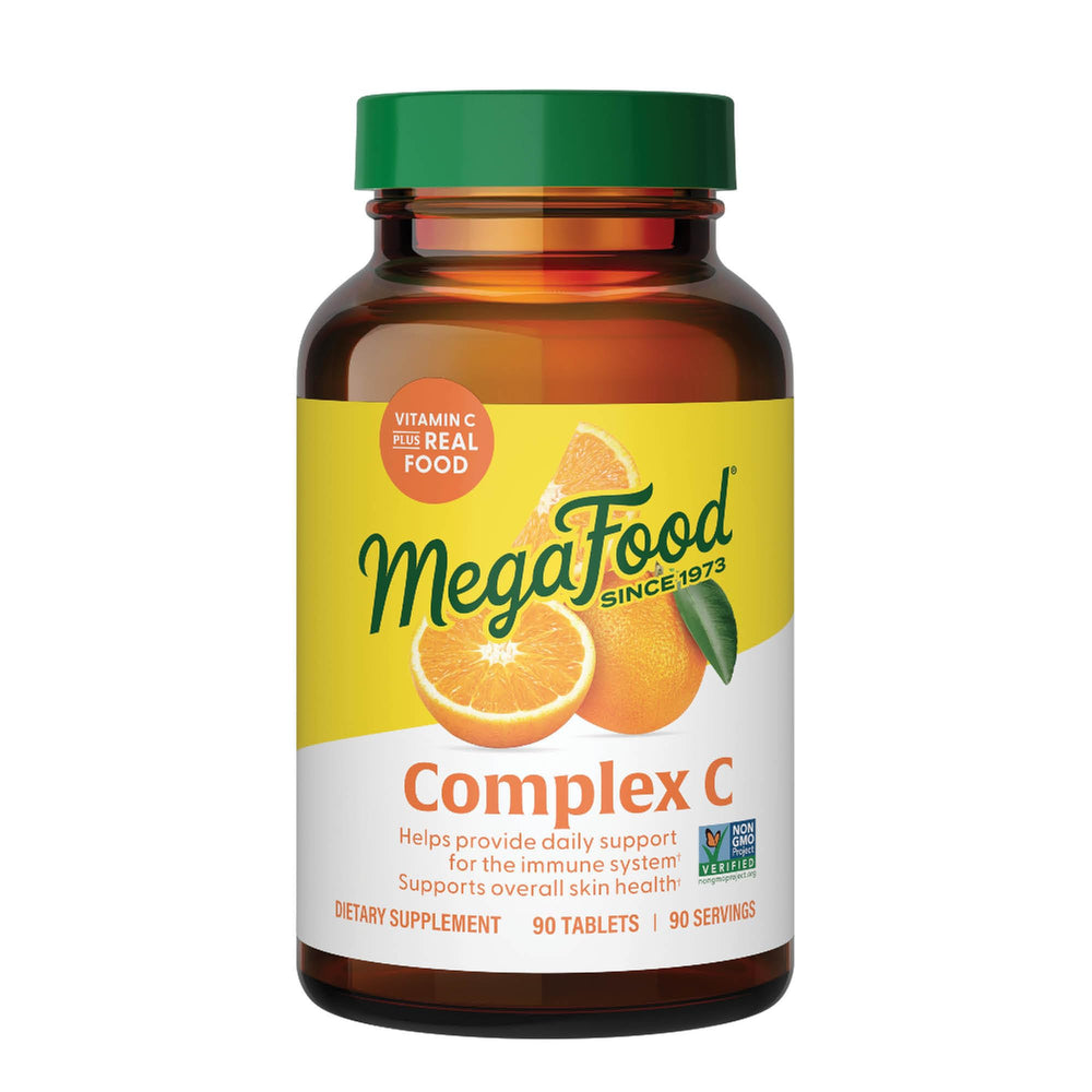 MegaFood frasco Complex C mostrando el frente con marca y cantidad, práctico y confiable