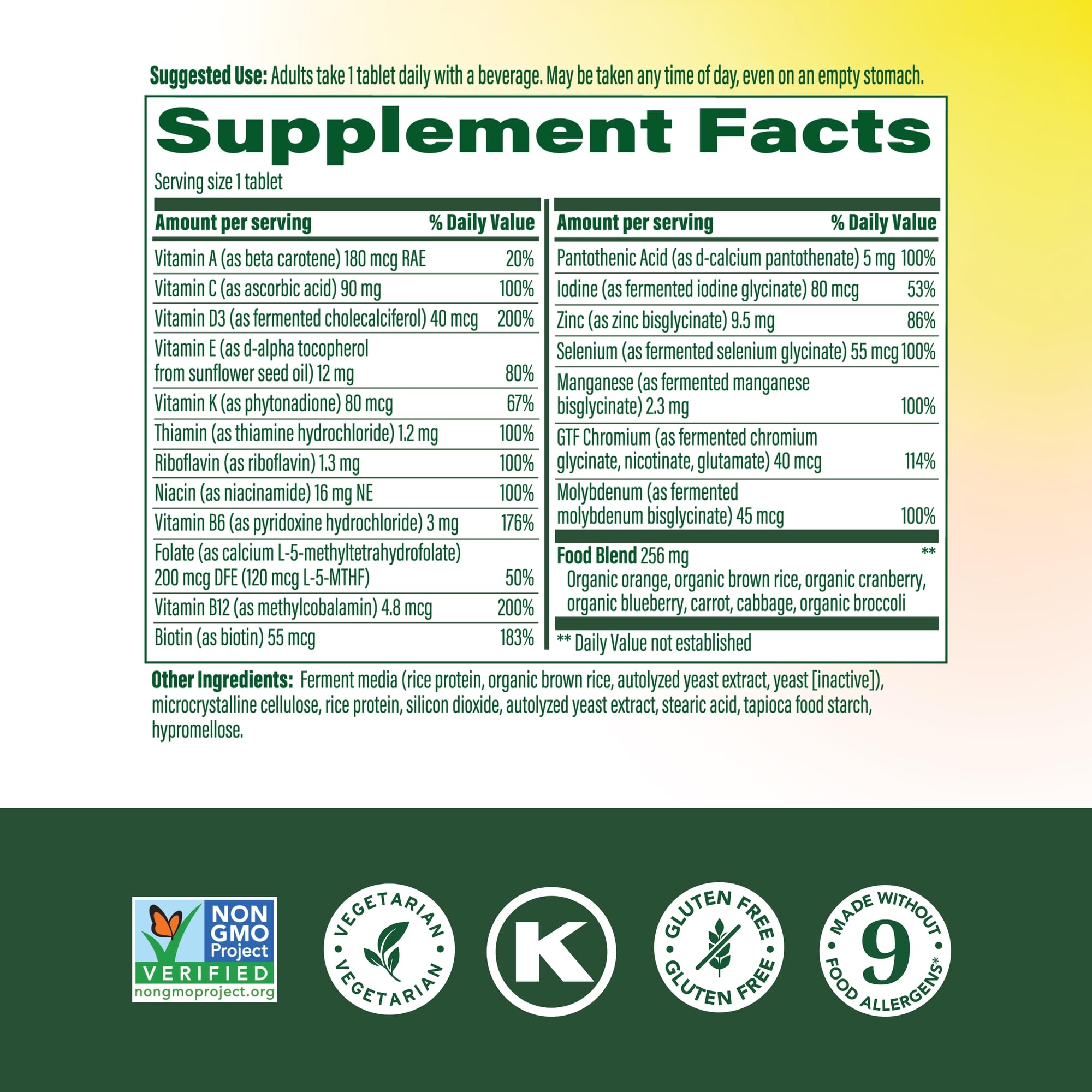 MegaFood etiqueta con lista de nutrientes clave y porcentaje diario