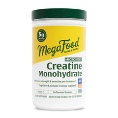 MegaFood envase frontal de creatina 500 g mostrando el diseño y beneficios