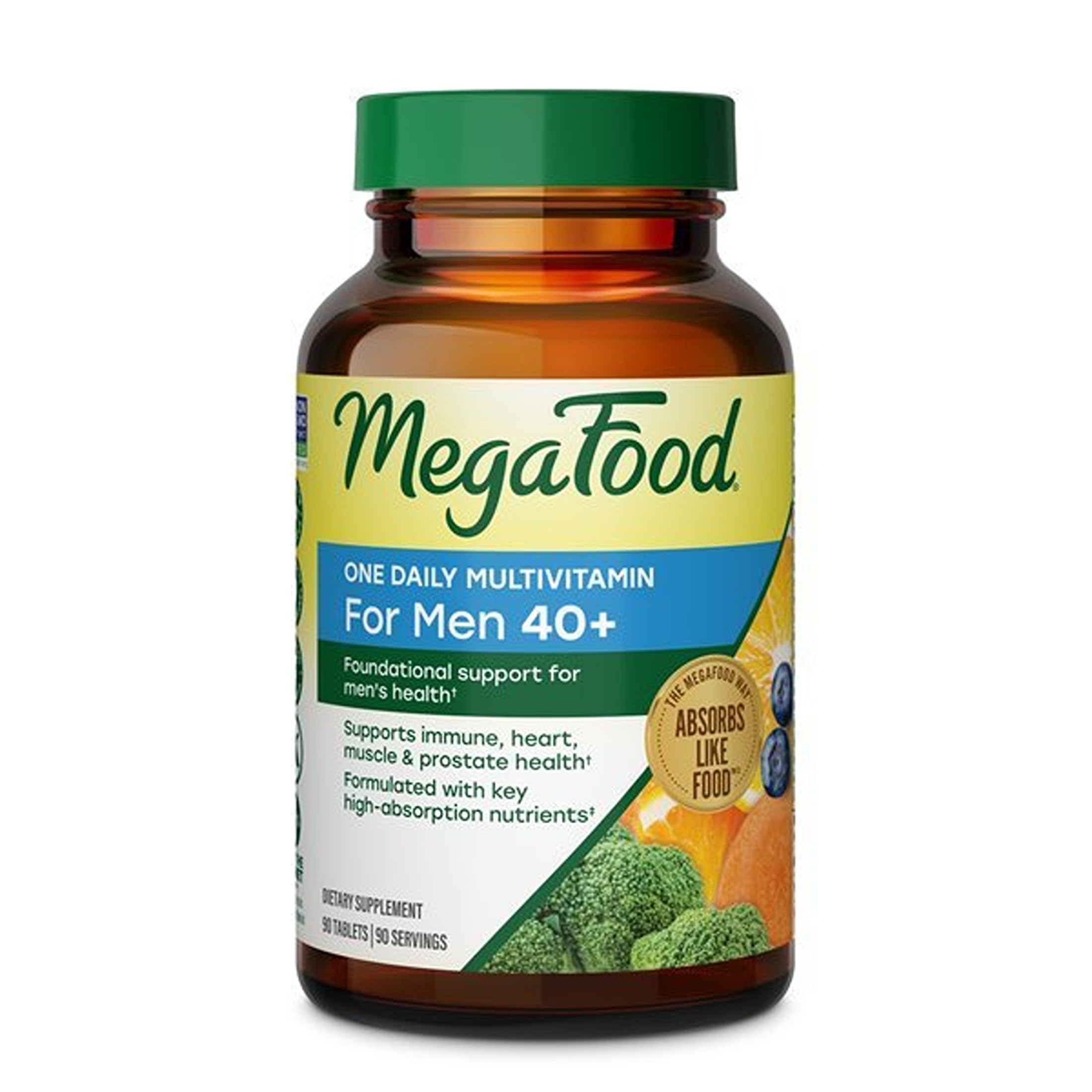 MegaFood envase frontal mostrando las 90 tabletas y beneficios claves