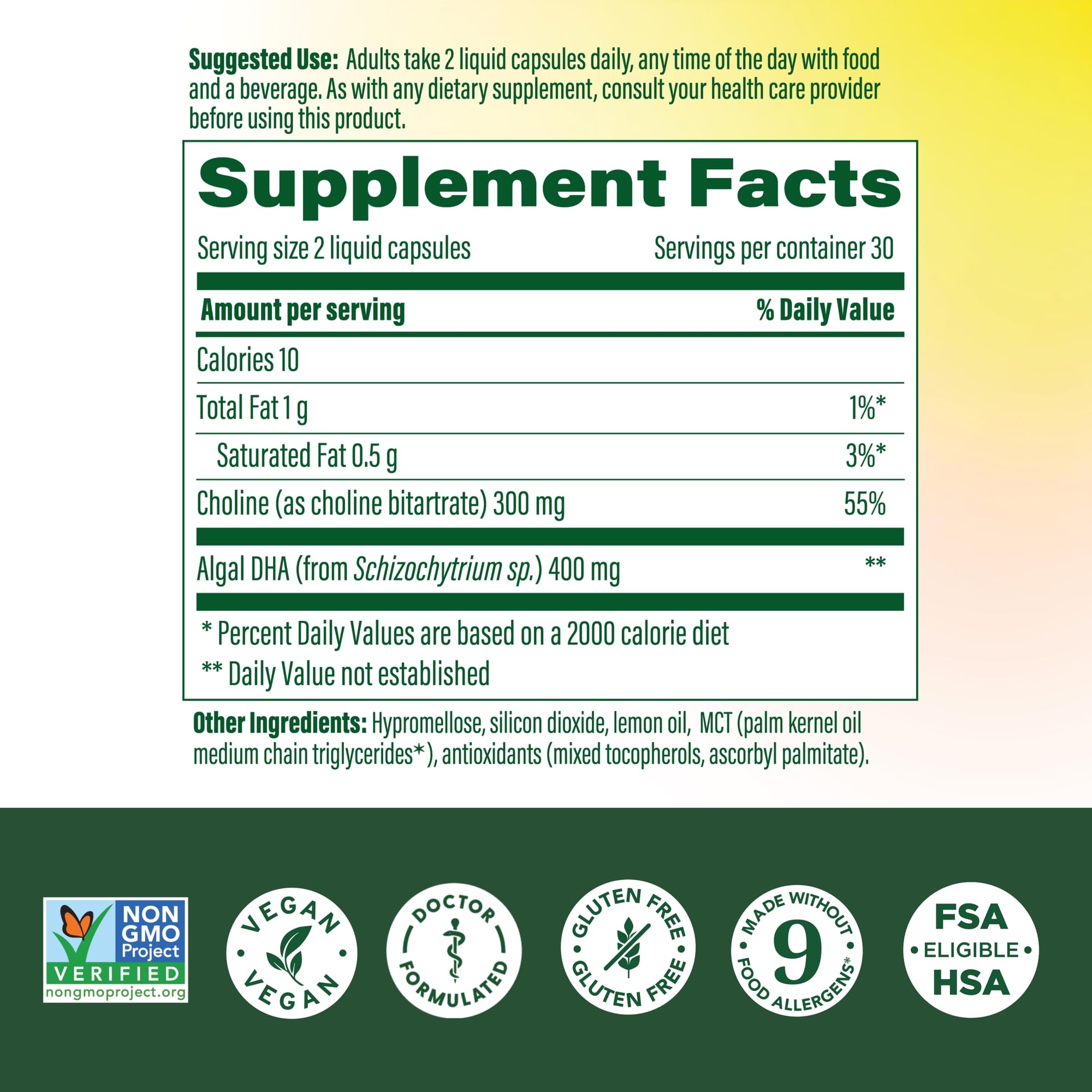 MegaFood etiqueta con información de DHA, colina y certificaciones