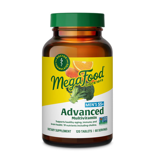 MegaFood frasco delantero que muestra producto y recomendación para hombres 55+