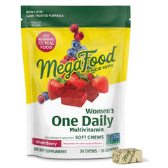 MegaFood frasco frontal sabor mixed berry muestra apariencia y conveniencia