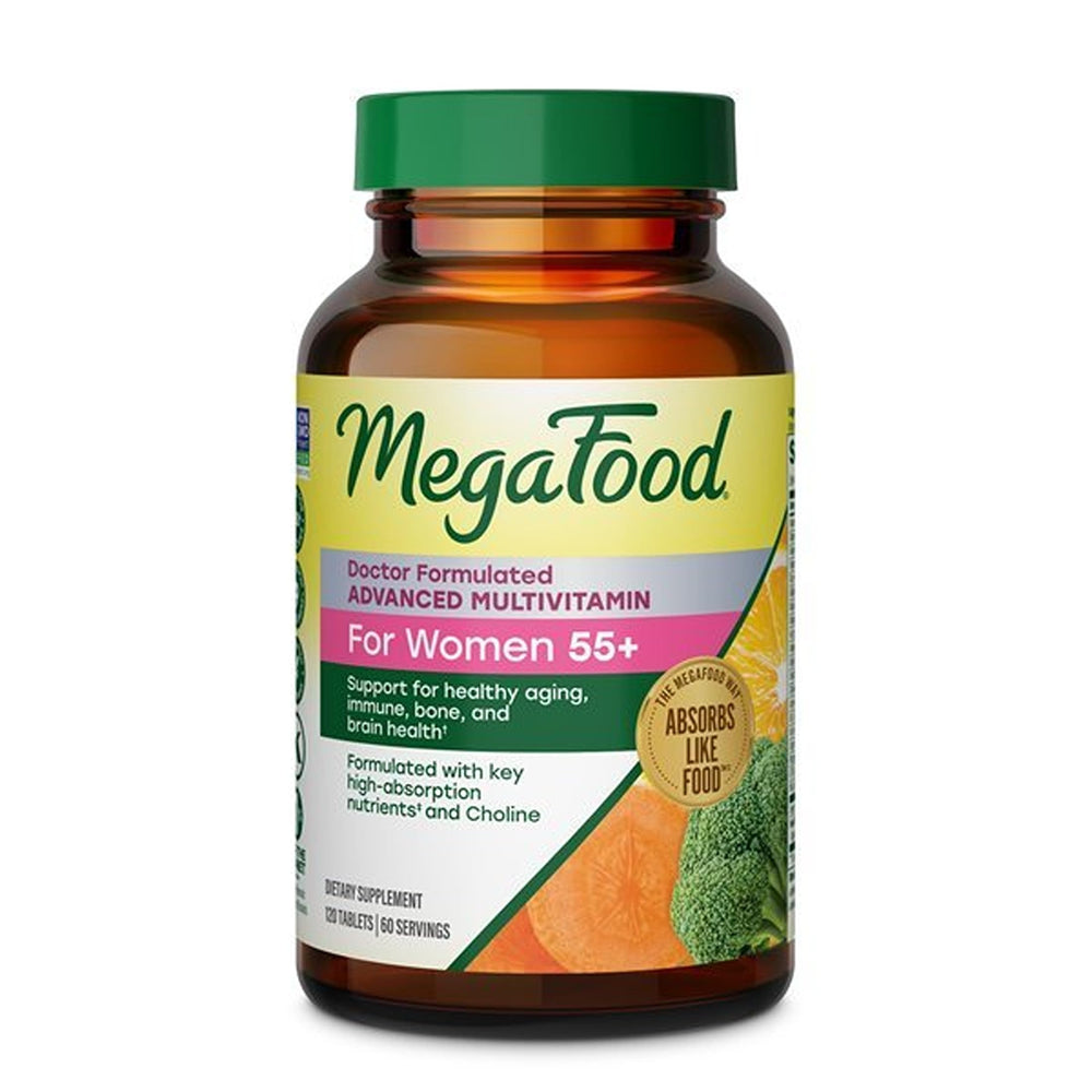 MegaFood frasco frente mostrando 120 tabletas, beneficio: fácil identificación del producto