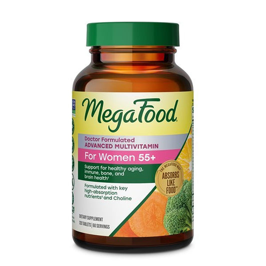 MegaFood frasco frente mostrando 120 tabletas, beneficio: fácil identificación del producto