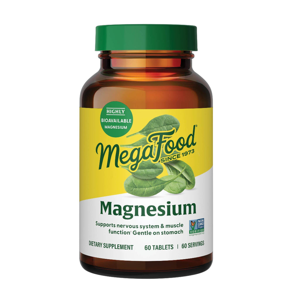 MegaFood frasco frontal que muestra 60 tabletas y beneficio de soporte mineral