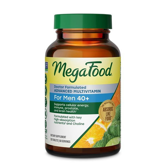MegaFood frasco frontal mostrando 120 tabletas y beneficios claros
