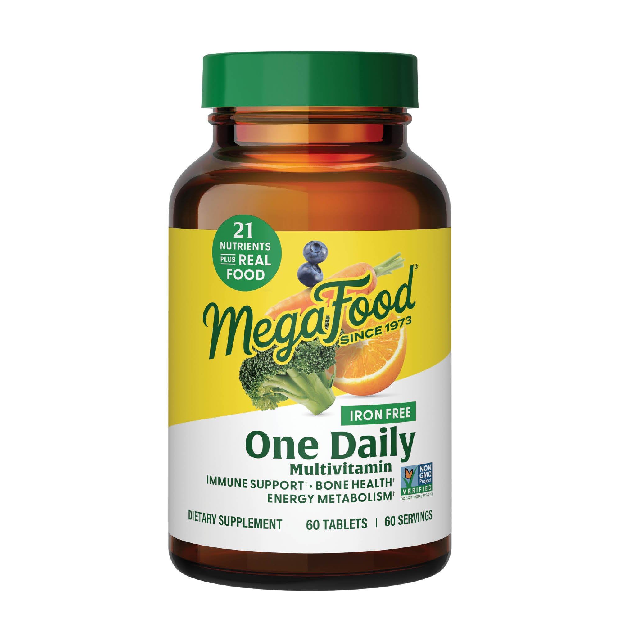 MegaFood frente del empaque mostrando frasco y beneficio de una tableta diaria