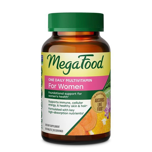 MegaFood frasco frontal mostrando el producto y beneficio de bienestar