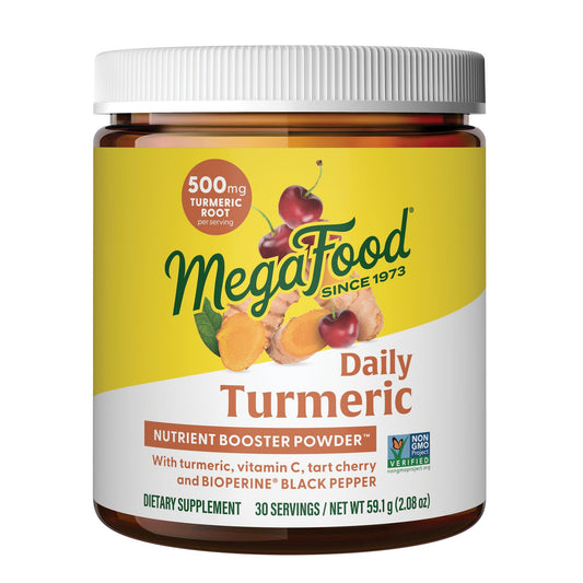 MegaFood envase frontal mostrando la marca y beneficio de cúrcuma práctica