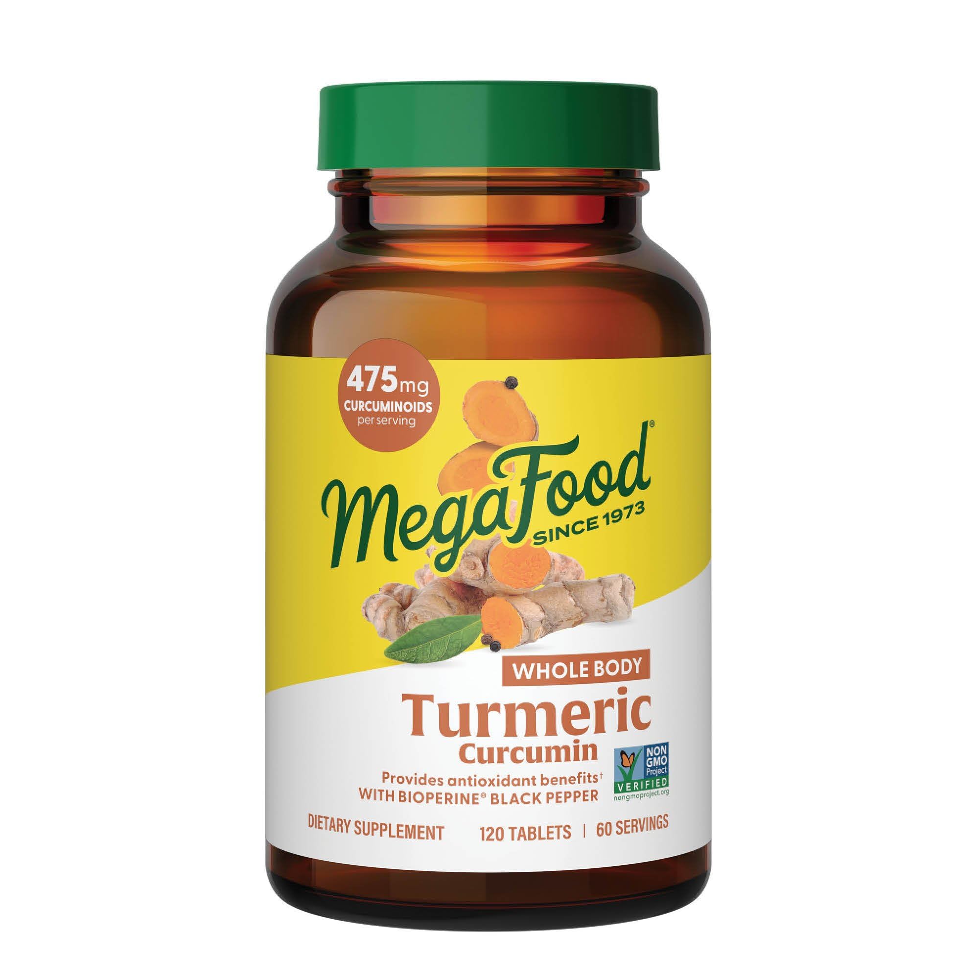 MegaFood envase frontal mostrando cúrcuma curcumina y 120 tabletas, claridad en la dosis