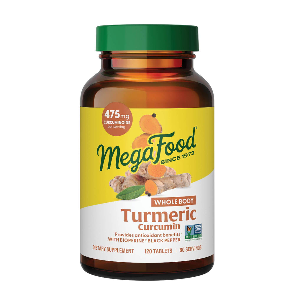 MegaFood envase frontal mostrando cúrcuma curcumina y 120 tabletas, claridad en la dosis