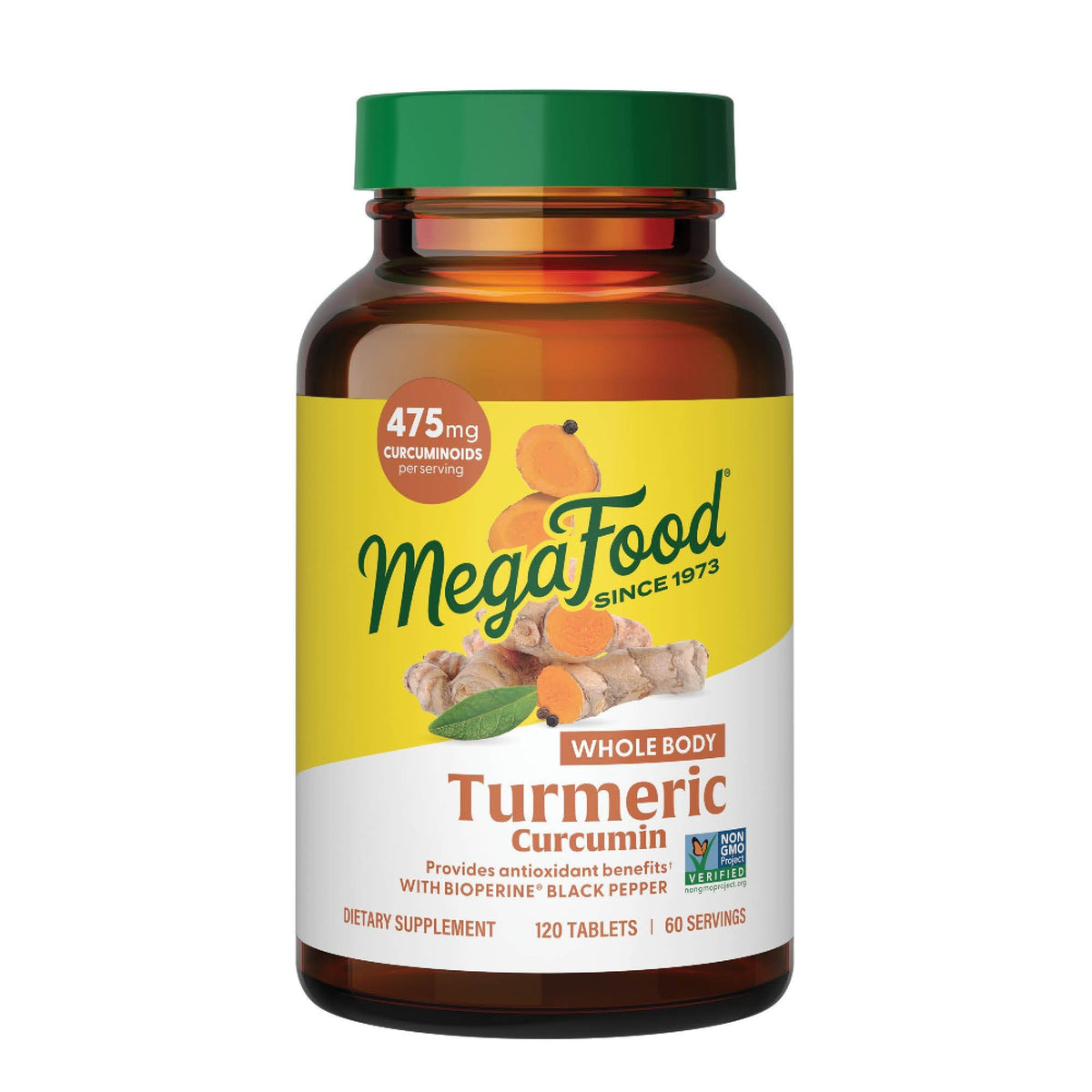 MegaFood envase frontal mostrando cúrcuma curcumina y 120 tabletas, claridad en la dosis