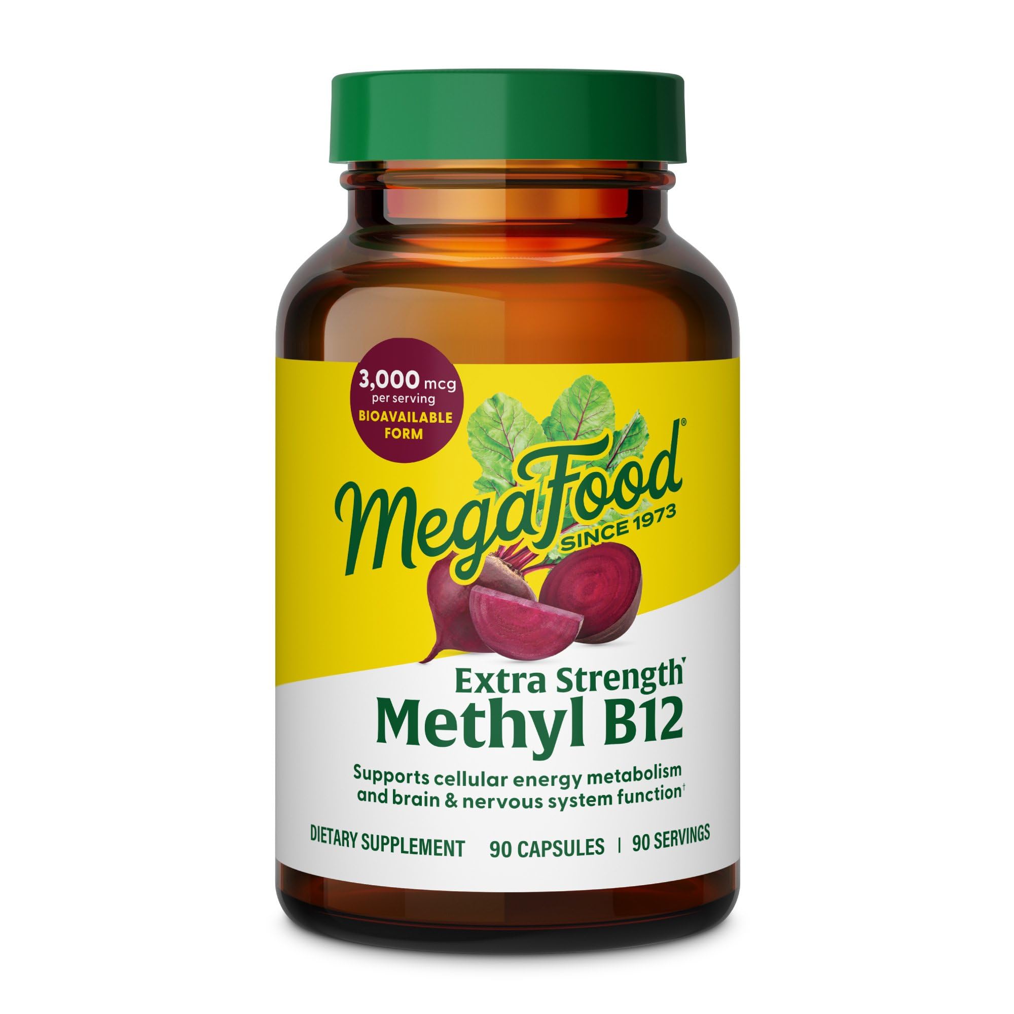 MegaFood frasco frente mostrando diseño y cantidad 90 cápsulas, fácil identificación