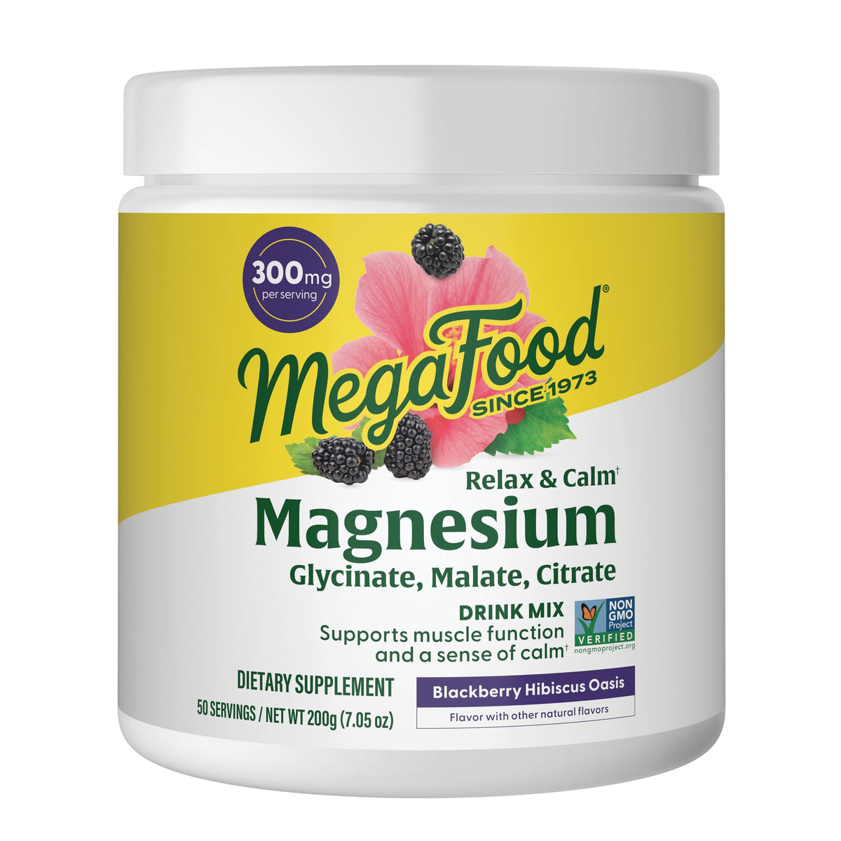 MegaFood envase frontal mostrando el diseño y sabor blackberry hibiscus y beneficios