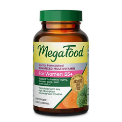MegaFood empaque frontal mostrando fórmula para mujeres 55+ y beneficios general