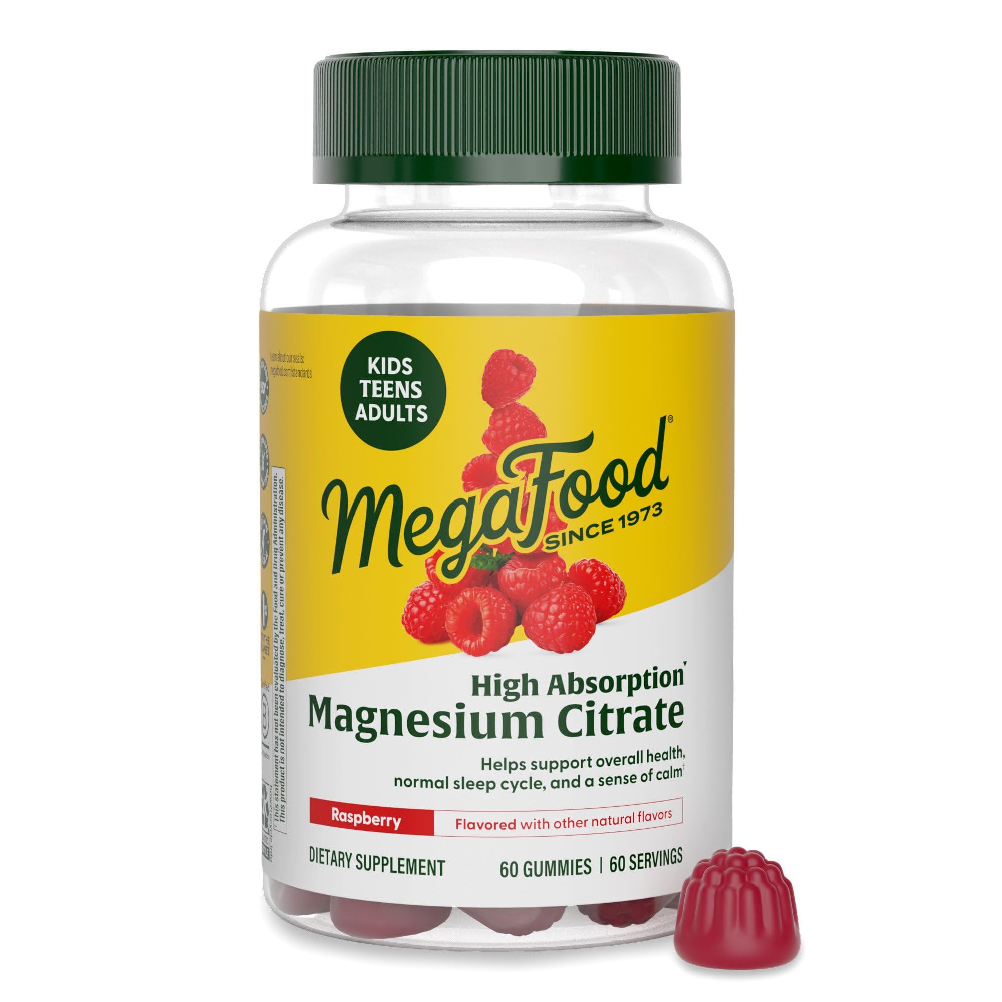 MegaFood envase frontal de gomitas frambuesa mostrando beneficios