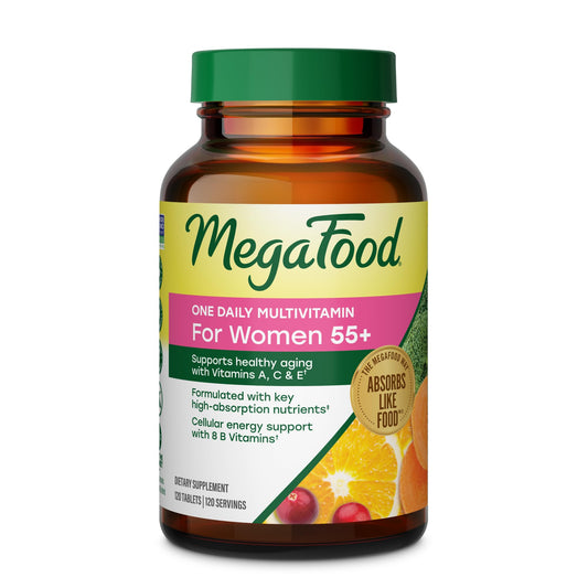 MegaFood envase frontal para mujeres 55+ mostrando beneficios diarios