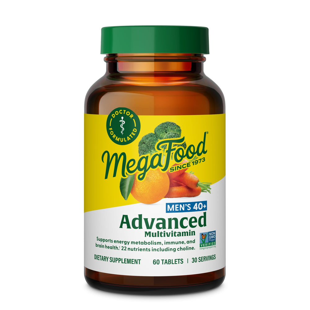 MegaFood envase frontal mostrando 60 tabletas y beneficios clave