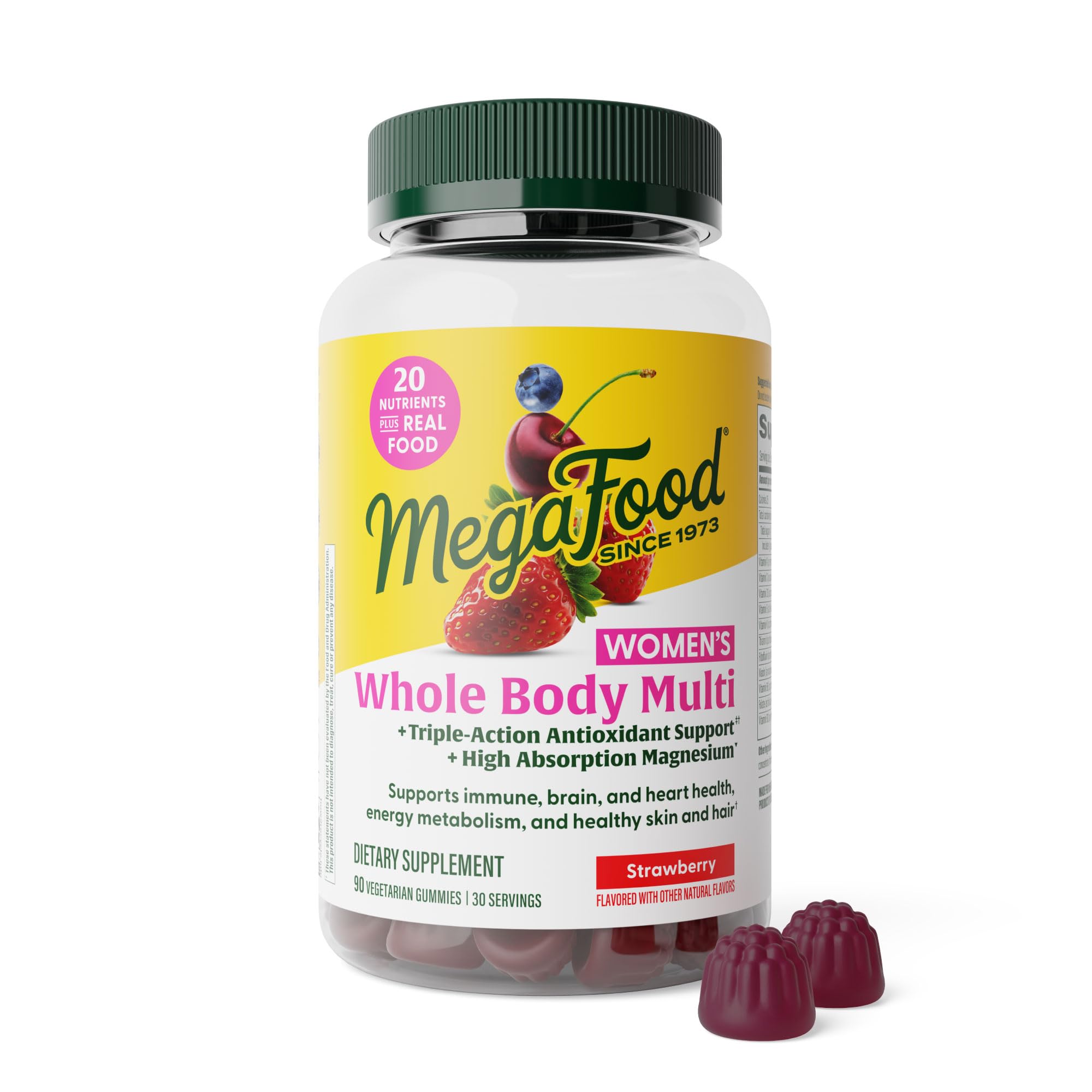 MegaFood envase frontal del producto muestra 90 gomitas y beneficios esenciales