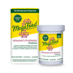 MegaFood envase frontal que muestra la fórmula para equilibrio vaginal y digestivo