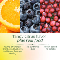 MegaFood gomitas sobre fondo cítrico que resalta su sabor Tangy Citrus