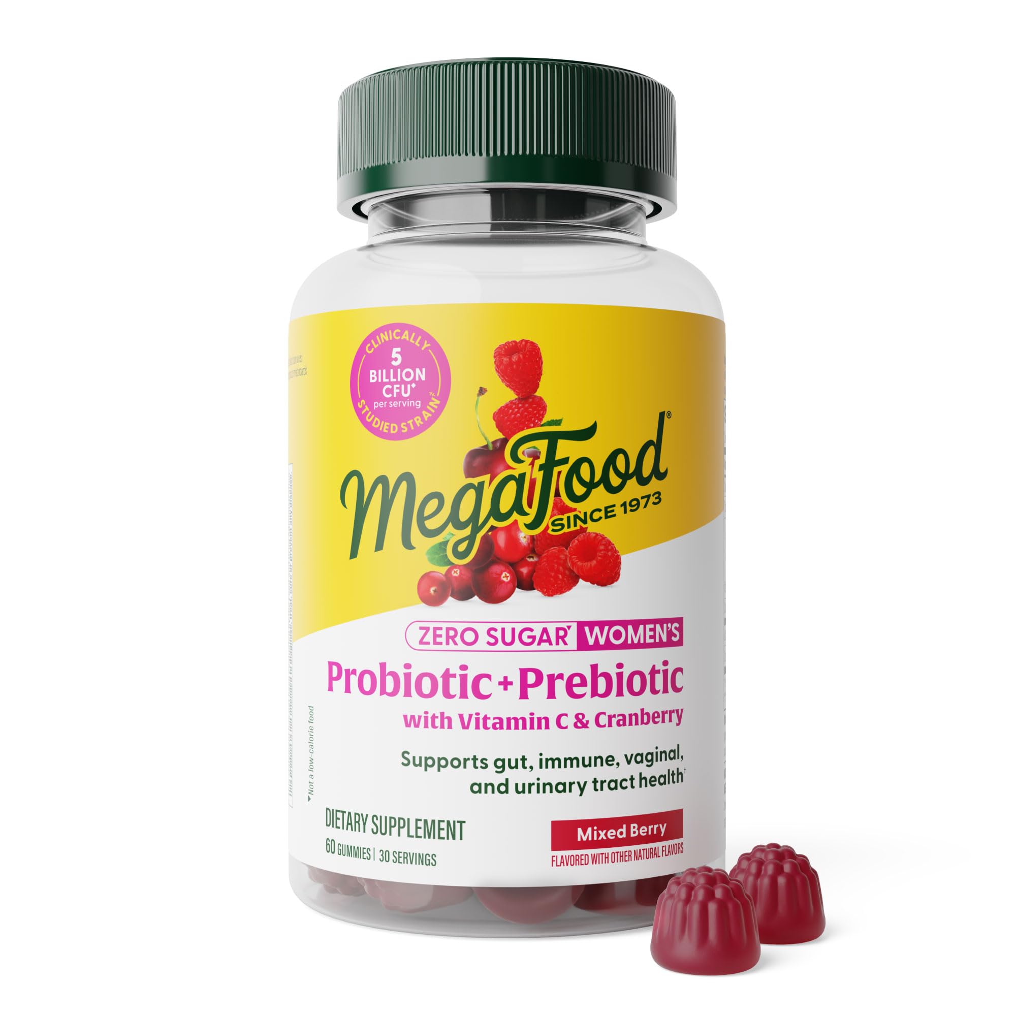 MegaFood frasco frontal mostrando gomitas sin azúcar y beneficios claros