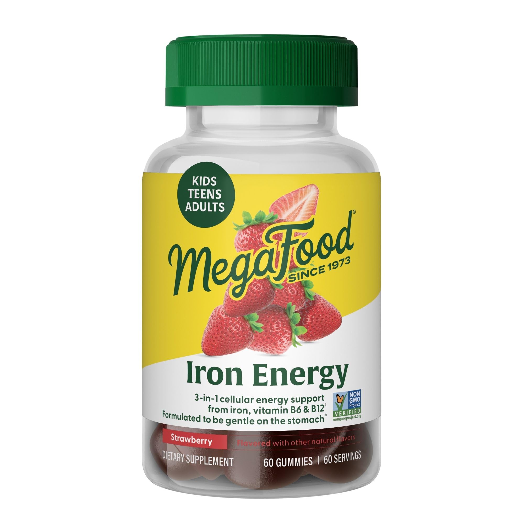 MegaFood envase frontal mostrando gomitas de hierro, cómoda decisión diaria