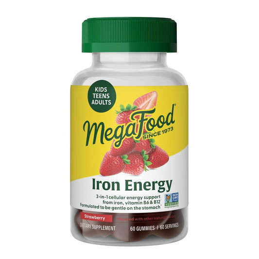 MegaFood envase frontal mostrando gomitas de hierro, cómoda decisión diaria