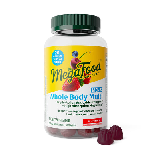 MegaFood frasco frontal mostrando etiqueta clara y beneficios