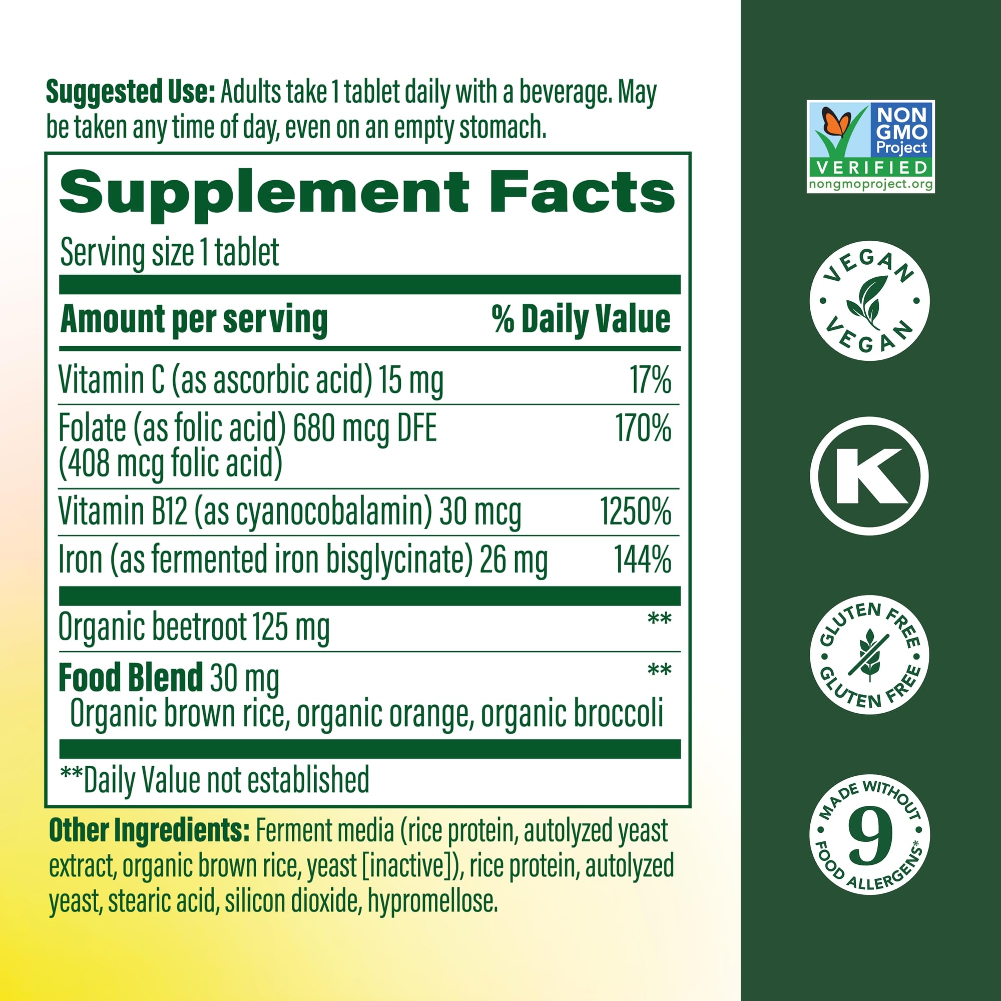 MegaFood ingredientes clave: hierro bisglicinato y vitaminas para mejor absorción