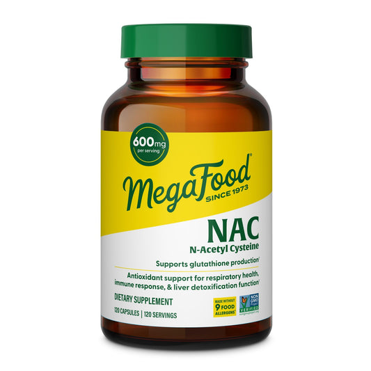 MegaFood frasco frontal del producto mostrando diseño y cantidad 120 cápsulas, fácil identificación