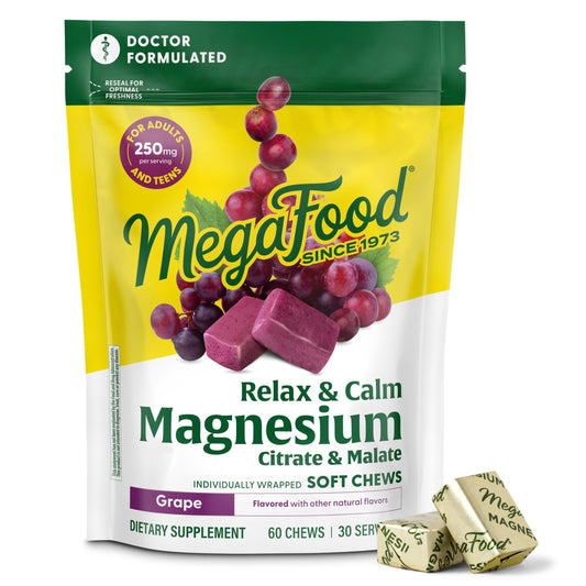 MegaFood frasco frontal que muestra las gomitas y la marca, facilita identificación