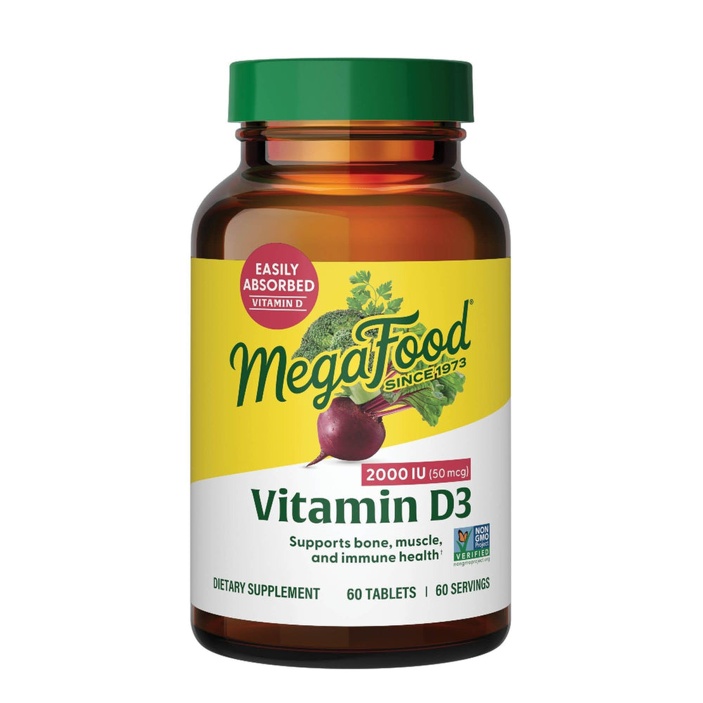 MegaFood envase frontal mostrando 2000 IU y 60 tabletas, claridad informativa