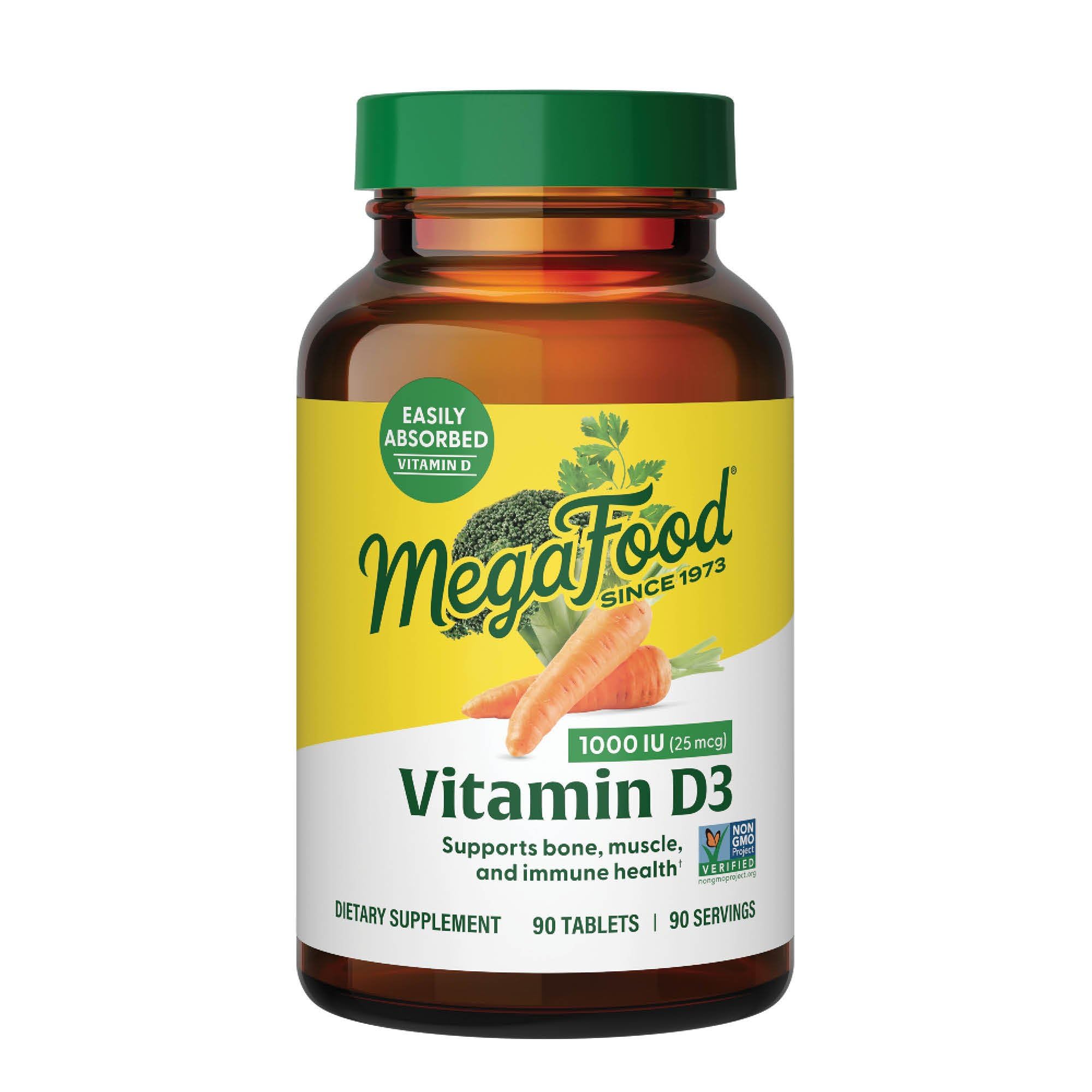 MegaFood frasco frontal mostrando 90 tabletas y beneficio de suplementación diaria