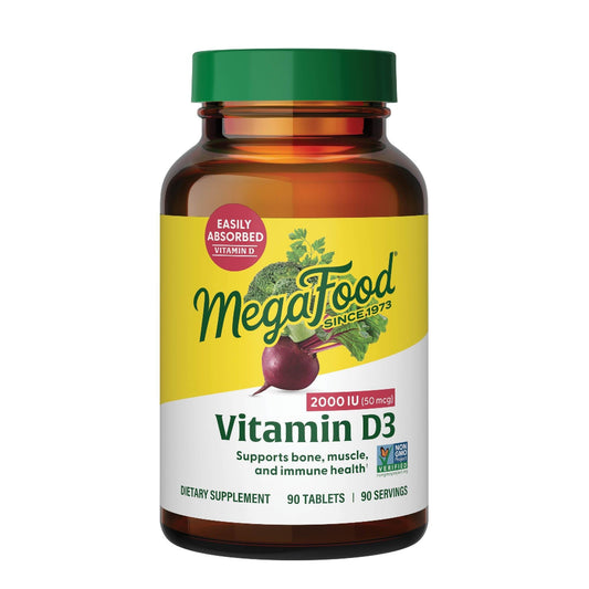 MegaFood envase frontal que muestra dosis y 90 tabletas, fácil identificación