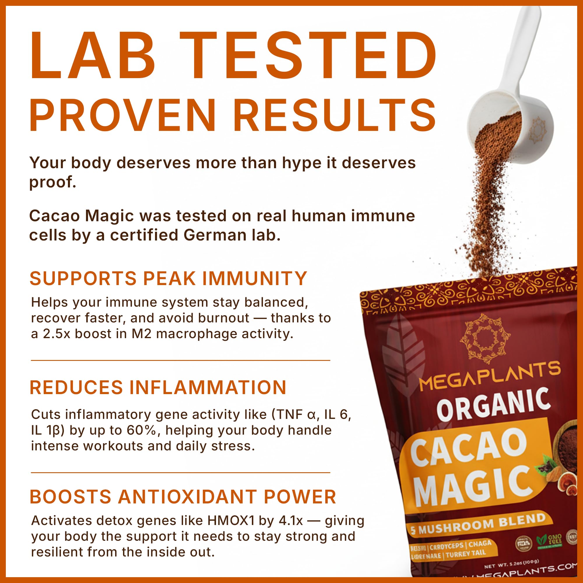 MEGAPLANTS cucharada con Cacao Magic mostrando la dosis fácil de usar y práctica