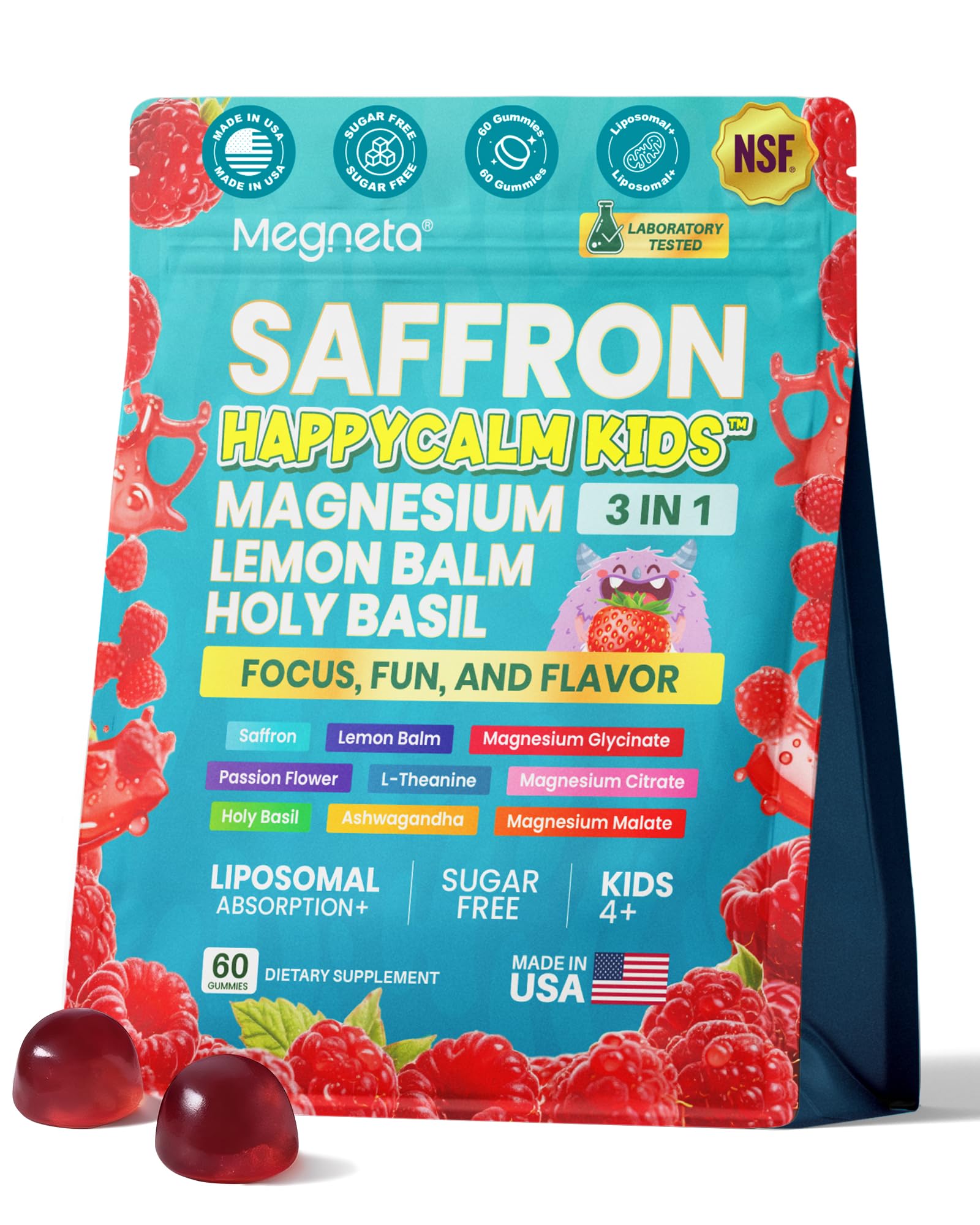 MEGNETA frasco frontal de gomitas veganas sin azúcar mostrando diseño y beneficios