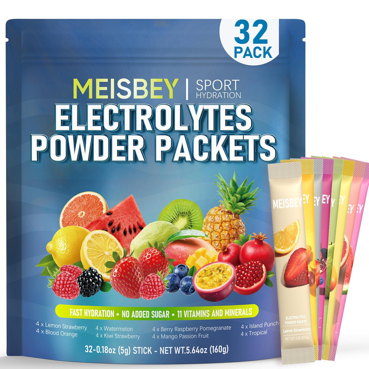 Meisbey frente del paquete mostrando los 32 sticks y variedad de sabores, práctico
