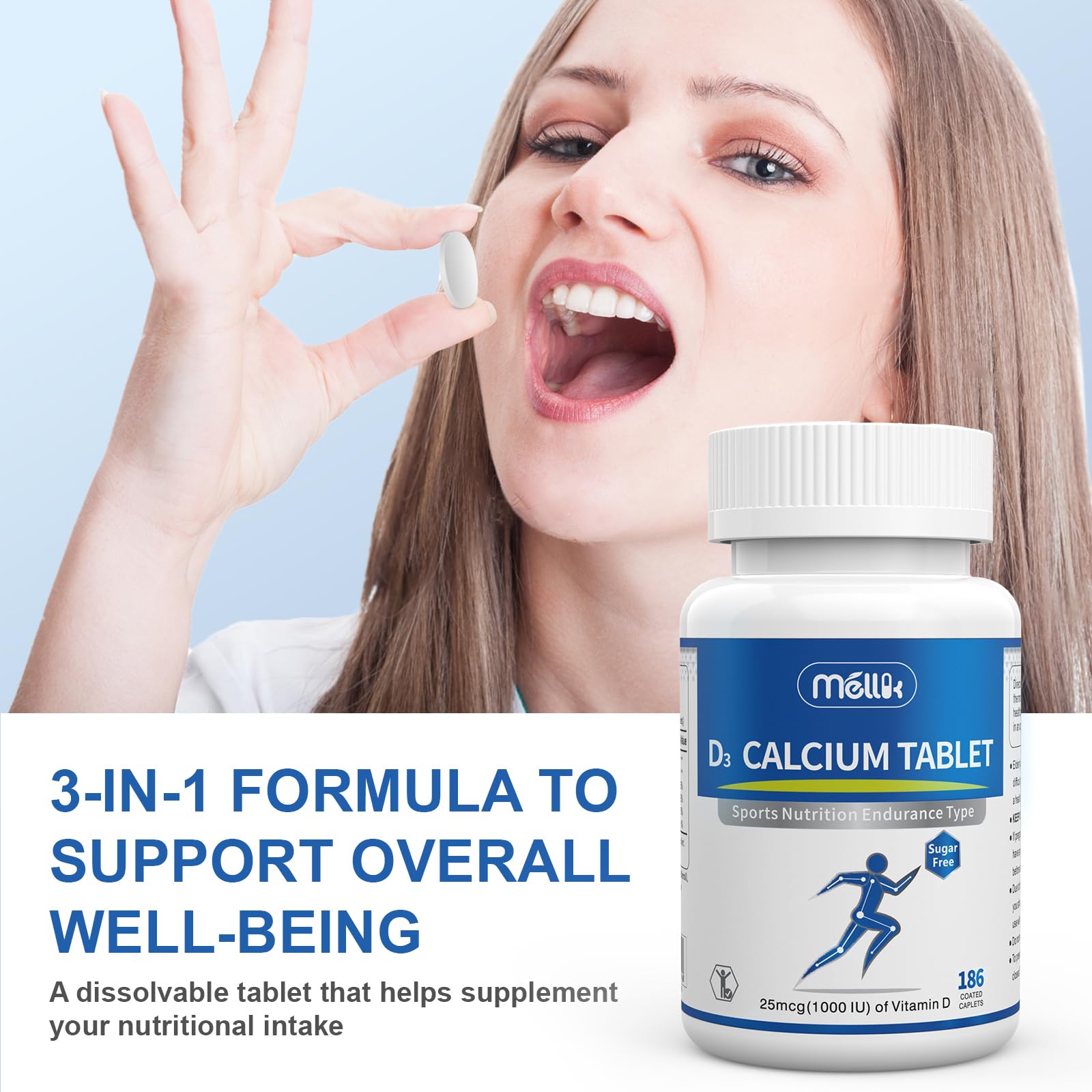 Mellk suplemento junto a frutas y botella de agua para hábito saludable