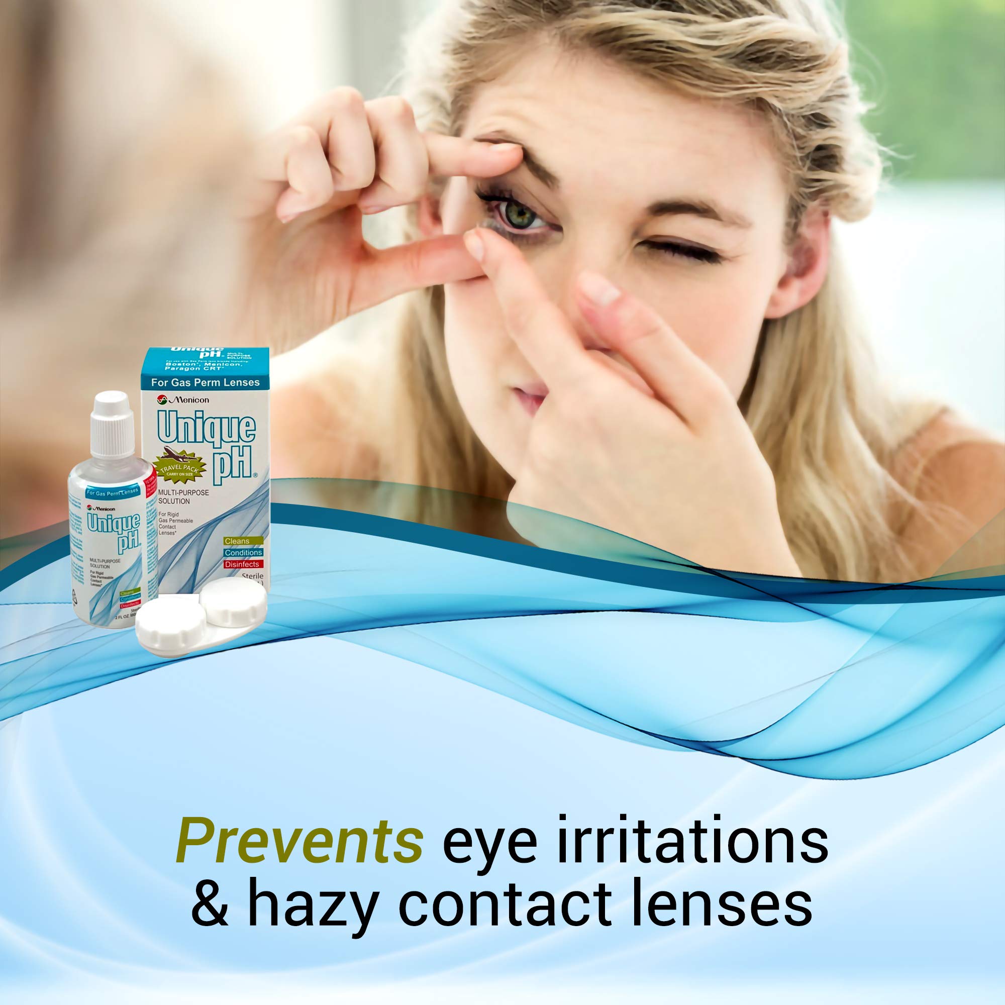 Menicon Unique pH en neceser de viaje mantiene lentes limpias fuera de casa