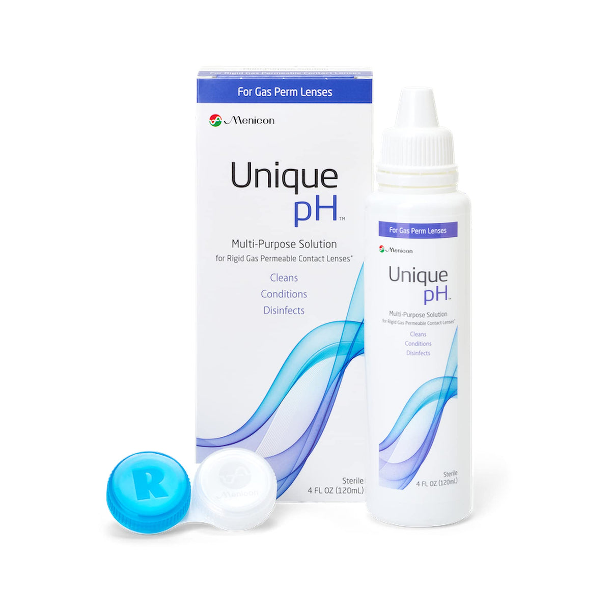 Menicon Unique pH frente del envase mostrando volumen y marca, fácil identificación