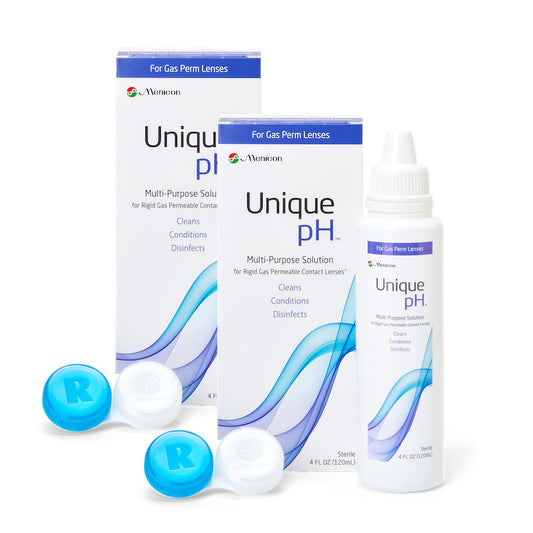 Menicon envase frontal mostrando dos botellas, solución práctica para lentes RGP