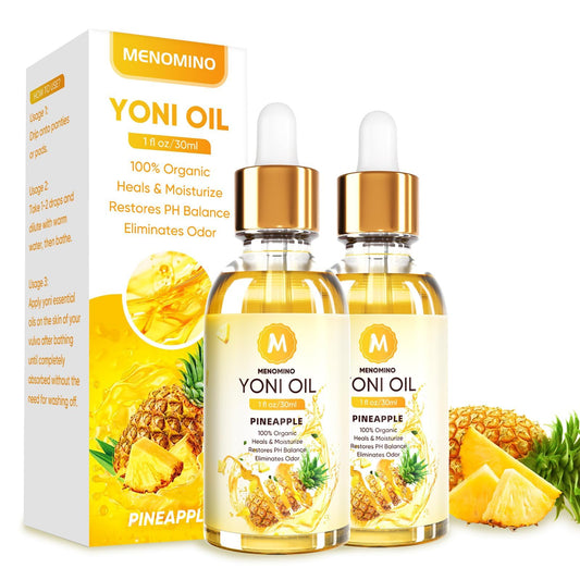 MENOMINO envase frontal del aceite Yoni piña mostrando tamaño compacto y diseño