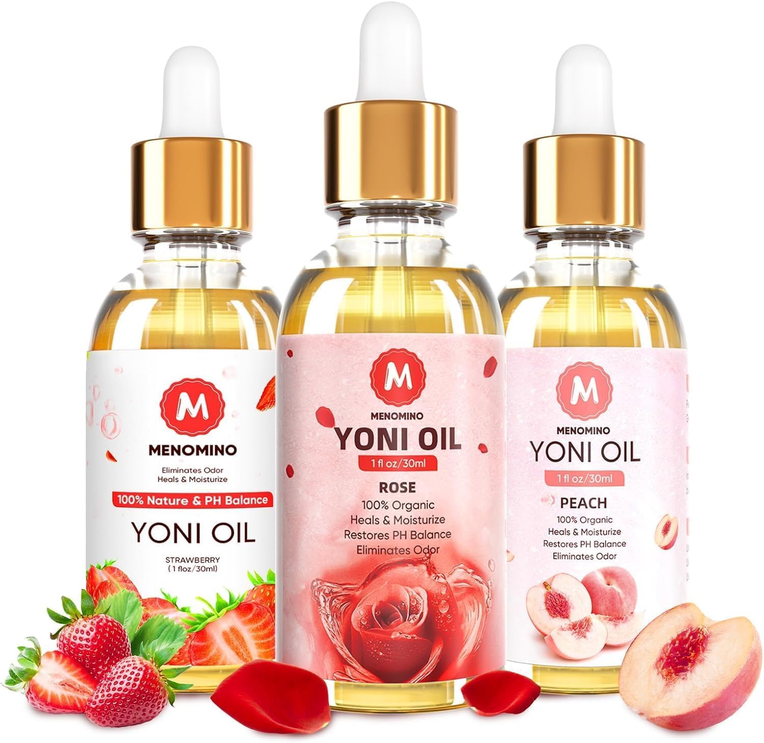 MENOMINO, frente del empaque del aceite yoni mostrando diseño y beneficios