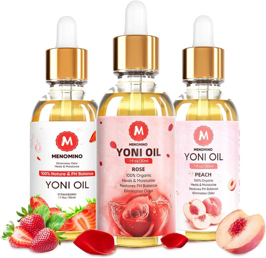 MENOMINO, frente del empaque del aceite yoni mostrando diseño y beneficios