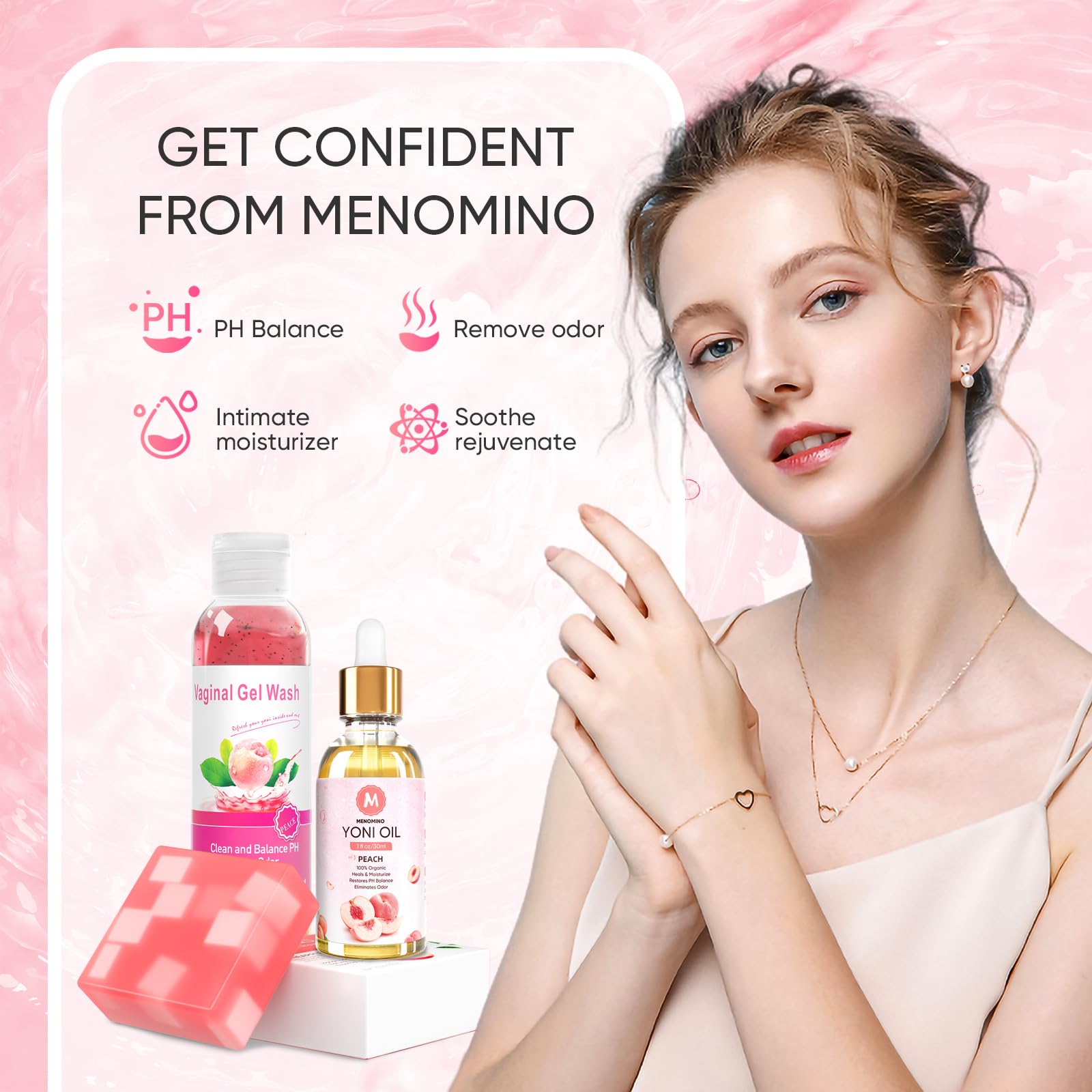 MENOMINO mujer usando el wash en la ducha sensación fresca y cómoda
